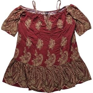 BOTURE Dress Womens L Red Paisley Short Sleeve Off Shoulder Ruffle Short